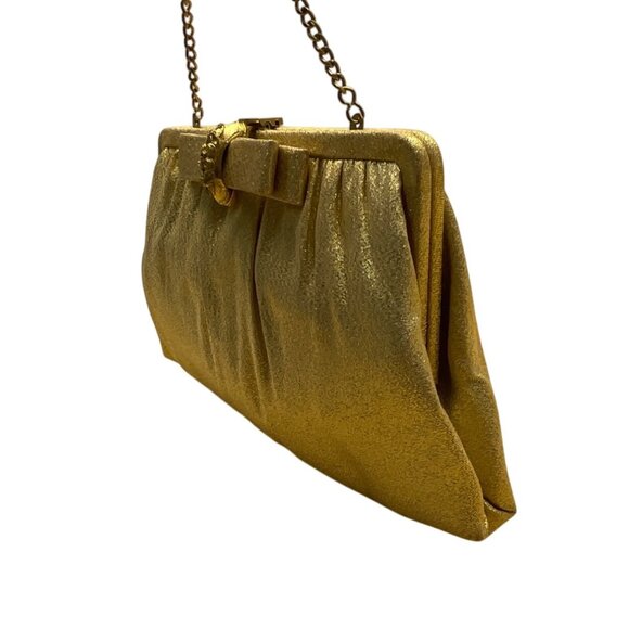 Vintage After Five Women’s Gold Mesh Chain Strap & Rhinestone Bow Accent Clutch - Picture 4 of 8